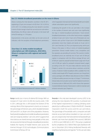 28
Chapter 2. The ICT Development Index (IDI)
	
Box 2.3: Mobile-broadband penetration on the move in Ghana
Ghana is among the most dynamic countries in the IDI 2011,
registering a 23 per cent increase in its IDI, from 1.81 in 2010 to
2.23 in 2011. It is similarly among the most dynamic countries
in terms of rank change in both the use and access sub-indices.
Nevertheless, this African nation still remains in the lower half
of the IDI rankings, in 117th place.
Improvements in the access sub-index can be seen across all
indicators, with the exception of fixed-telephone penetration,
which stagnated. International Internet bandwidth and mobile-
cellular subscriptions grew most significantly.
Underlying the growth in the use sub-index is the increase
in the number of Internet users and, even more significantly,
the leap in mobile-broadband penetration. Fixed (wired)-
broadband penetration, on the other hand, remains negligible,
at below 0.3 per cent. Some 14 per cent of Ghanaians are now
Internet users, up from 10 per cent in 2010. Mobile-broadband
penetration more than tripled, and stands at 23 per cent in
2011 (see Chart Box 2.3). This is an impressive jump, which puts
Ghana in first place in Africa in terms of mobile-broadband
penetration. Ghana’s mobile market is very competitive, and
five operators are providing 3G services. The country’s mobile-
broadband prices are relatively low (14 per cent of GNI per
capita) in comparison with the African average (64 per cent
of GNI per capita for prepaid handset-based usage and 54 per
cent of GNI per capita for postpaid computer-based usage),
according to the 2011 ITU price data-collection exercise (see
Chapter 3, section 3.5). Low prices attract customers, as do the
variety of tailored mobile-broadband offers available from the
mobile market leader MTN. Prepaid customers can choose from
various packages with different data allowances (from 25 MB to
10 GB) and validity periods (one day to 30 days).35
Furthermore,
Ghana’s telecommunication sector had the highest investment-
to-revenue ratio in 2009 and 2010, which shows that operators
invested relatively heavily in fixed assets in order to maintain and
enhance networks (see Chapter 4).
Kenya stands out in terms of relative IDI change. With an
increase of 12 per cent in its IDI, the country ranks 114th
in 2011, although this is still towards the bottom of the
rankings. Most of the improvement is due to an increase in
the percentage of Internet users, which doubled between
2010 and 2011, to 28 per cent of the population. However,
fixed(wired)-broadbandandmobile-broadbandpenetration
rates are marginal, at below 1 per cent, which suggests that
most devices are shared among many people or that users
donotaccesstheInternetthroughabroadbandconnection.
Indeed, the majority of mobile Internet users access the
Internet through 2/2.5G technologies (Communications
Commission of Kenya, 2011a).
Rwanda is the only least developed country (LDC) to be
among the most dynamic IDI countries. It achieved one
of the highest improvements in ranking (climbing seven
places), but is still low down (133rd) in the IDI 2011. Rwanda
improved in both the access and the use sub-indices.
The percentage of households with a computer and with
Internet access both almost doubled, to 2 per cent and 5
per cent, respectively. International Internet bandwidth per
Internet user more than doubled, from around 2 000 bit/s
in 2010 to over 4 000 bit/s in 2011. This jump is explained
by the completion of a 2 500 km fibre-optic backbone roll-
out in December 2010, linking landlocked Rwanda with
neighbouringTanzania and Uganda.36
In the use sub-index,
Source: 	ITU World Telecommunication/ICT Indicators database.
Chart Box 2.3: Active mobile-broadband
subscriptions per 100 inhabitants, 2010-2011,
Ghana in comparison with regional and world
average
7
2
11
23
3
16
0
5
10
15
20
25
Ghana Africa World
2010
2011
Per100inhabitants
 