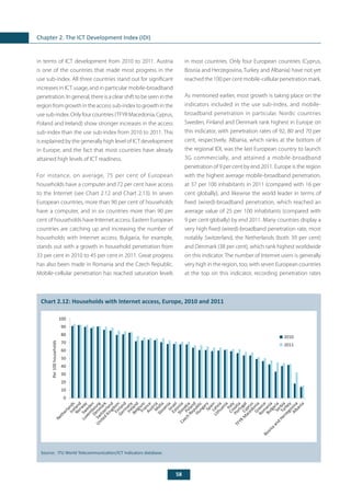 58
Chapter 2. The ICT Development Index (IDI)
in terms of ICT development from 2010 to 2011. Austria
is one of the countries that made most progress in the
use sub-index. All three countries stand out for significant
increases in ICT usage, and in particular mobile-broadband
penetration. In general, there is a clear shift to be seen in the
region from growth in the access sub-index to growth in the
usesub-index.Onlyfourcountries(TFYRMacedonia,Cyprus,
Poland and Ireland) show stronger increases in the access
sub-index than the use sub-index from 2010 to 2011. This
is explained by the generally high level of ICT development
in Europe, and the fact that most countries have already
attained high levels of ICT readiness.
For instance, on average, 75 per cent of European
households have a computer and 72 per cent have access
to the Internet (see Chart 2.12 and Chart 2.13). In seven
European countries, more than 90 per cent of households
have a computer, and in six countries more than 90 per
cent of households have Internet access. Eastern European
countries are catching up and increasing the number of
households with Internet access. Bulgaria, for example,
stands out with a growth in household penetration from
33 per cent in 2010 to 45 per cent in 2011. Great progress
has also been made in Romania and the Czech Republic.
Mobile-cellular penetration has reached saturation levels
in most countries. Only four European countries (Cyprus,
Bosnia and Herzegovina, Turkey and Albania) have not yet
reached the 100 per cent mobile-cellular penetration mark.
As mentioned earlier, most growth is taking place on the
indicators included in the use sub-index, and mobile-
broadband penetration in particular. Nordic countries
Sweden, Finland and Denmark rank highest in Europe on
this indicator, with penetration rates of 92, 80 and 70 per
cent, respectively. Albania, which ranks at the bottom of
the regional IDI, was the last European country to launch
3G commercially, and attained a mobile-broadband
penetration of 9 per cent by end 2011. Europe is the region
with the highest average mobile-broadband penetration,
at 37 per 100 inhabitants in 2011 (compared with 16 per
cent globally), and likewise the world leader in terms of
fixed (wired)-broadband penetration, which reached an
average value of 25 per 100 inhabitants (compared with
9 per cent globally) by end 2011. Many countries display a
very high fixed (wired)-broadband penetration rate, most
notably Switzerland, the Netherlands (both 39 per cent)
and Denmark (38 per cent), which rank highest worldwide
on this indicator. The number of Internet users is generally
very high in the region, too, with seven European countries
at the top on this indicator, recording penetration rates
	
Chart 2.12: Households with Internet access, Europe, 2010 and 2011
Source:	 ITU World Telecommunication/ICT Indicators database.
2011
2010
Per100households
0
10
20
30
40
50
60
70
80
90
100
NetherlandsIceland
NorwaySw
eden
Luxem
bourg
Denm
ark
Sw
itzerland
United
KingdomFinland
Germ
anyIreland
BelgiumFranceAustriaM
alta
SloveniaIsrael
Estonia
SlovakiaPoland
Czech
Republic
HungarySpainLatvia
LithuaniaItalyCroatia
PortugalCyprus
TFYR
M
acedoniaGreece
Rom
ania
BulgariaSerbiaTurkey
Albania
Bosniaand
Herzegovina
 