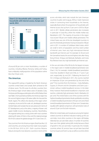 59
Measuring the Information Society 2012
of around 90 per cent or more. Nonetheless, a number of
countries, including Albania, Romania, Serbia and Turkey,
have a relatively small proportion of the population online
(less than 50 per cent).
The Americas
The regional IDI ranking is headed by the North American
countries United States and Canada. Both achieved an IDI
of above seven. The IDI scores for all other countries from
the Americas region remain below seven, El Salvador, Cuba,
HondurasandNicaraguarankinglastwithanIDIofbelowthree
(seeTable2.18).Aspointedoutbefore,theAmericasregionhas
the second highest range in IDI values (after the Asia and the
Pacific region). This reflects the diversity of the region which
comprises, at one end of the scale, rich, developed countries
(UnitedStatesandCanada)thatareveryadvancedintermsof
ICT development, and, at the other, a majority of lower- and
upper-middle income developing countries. Nevertheless,
the regional ranking has a strong centre with most countries
attaining IDI values of three or four, and the regional average
IDI of 4.26 is above the global average of 4.15 (see Chart 2.7).
Two countries from the Americas region, Brazil (see Box 2.2)
and Costa Rica, are among those that made most progress
in the IDI from 2010 to 2011. Both countries likewise
feature among the most dynamic countries in terms of the
access sub-index, which also include the Latin American
countries Ecuador and Uruguay. All four made impressive
strides in connecting more households to the Internet,
especially Brazil, where the proportion of households with
Internet access shot up from 27 per cent in 2010 to 38 per
cent in 2011. Mobile-cellular penetration also increased,
in particular in Costa Rica, where the mobile market was
liberalized in 2011. The majority of countries in the region
now exceed 100 per cent mobile-cellular penetration. The
United States was one of the last developed countries to
pass this threshold, penetration having increased to 106 per
cent in 2011. A number of Caribbean island states, which
are small in terms of population and thus total number
of Internet users, have very high international Internet
bandwidth per Internet user. For example, St. Vincent and
the Grenadines boasts the second highest ratio after Hong
Kong (China). Antigua and Barbuda, Barbados and Costa
Rica likewise have very high bandwidth per Internet user.
In the use sub-index of the IDI, by far the largest increases
in the region were in mobile-broadband penetration (see
Chart 2.14). For example, mobile-broadband penetration
more than doubled in Brazil and Chile, to 17 and 21 per
cent, respectively, by end 2011. Following the launch of
3G in Antigua and Barbuda in 2011, the country reached
an impressive 20 per cent penetration by the end of the
year.63
Five countries from the Americas – Cuba, Barbados,
Guyana, St. Vincent and the Grenadines and Saint Lucia –
remain without mobile-broadband services. In the latter
three, however, fixed (wired) broadband is important, and
reaches a relatively high penetration level in Barbados (22
per cent).The United States is one of the countries with the
highestbroadband penetrationlevelsworldwide, recording
a mobile-broadband penetration of 65 per cent and a fixed
(wired)-broadband penetration of 29 per cent. Canada does
equally well in global comparison, with penetration rates of
around 32 per cent for both indicators.
While the United States and Canada are among the highest
ranked countries on all three indicators making up the use
sub-index, most other countries in the region still display
relatively low use sub-index values. A number of countries
have seen their global ranking fall, mostly because of lack
of growth in the use sub-index. In particular, this includes
countries where 3G services have not yet been launched
(such as Guyana and Saint Lucia), as well as countries where
	
Source: 	ITU World Telecommunication/ICT Indicators database.
Chart 2.13: Households with a computer and
households with Internet access, Europe and
world, 2011
0
10
20
30
40
50
60
70
80
90
100
Households with a
computer
Households with Internet
access
Europe
World
Per100households
 