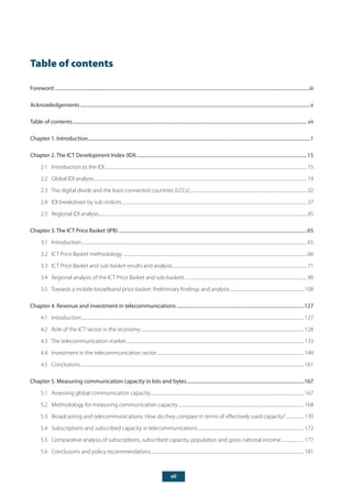 vii
Table of contents
Foreword.................................................................................................................................................................................................................iii
Acknowledgements.............................................................................................................................................................................................v
Table of contents................................................................................................................................................................................................ vii
Chapter 1. Introduction.......................................................................................................................................................................................1
Chapter 2. The ICT Development Index (IDI)............................................................................................................................................15
2.1 Introduction to the IDI......................................................................................................................................................................................................15
2.2 Global IDI analysis................................................................................................................................................................................................................19
2.3 The digital divide and the least connected countries (LCCs)...................................................................................................................32
2.4 IDI breakdown by sub-indices.....................................................................................................................................................................................37
2.5 Regional IDI analysis...........................................................................................................................................................................................................45
Chapter 3. The ICT Price Basket (IPB)...........................................................................................................................................................65
3.1 Introduction............................................................................................................................................................................................................................65
3.2 ICT Price Basket methodology....................................................................................................................................................................................66
3.3 ICT Price Basket and sub-basket results and analysis....................................................................................................................................71
3.4 Regional analysis of the ICT Price Basket and sub-baskets ......................................................................................................................90
3.5 Towards a mobile-broadband price basket: Preliminary findings and analysis......................................................................... 108
Chapter 4. Revenue and investment in telecommunications .........................................................................................................127
4.1 Introduction......................................................................................................................................................................................................................... 127
4.2 Role of the ICT sector in the economy................................................................................................................................................................ 128
4.3 The telecommunication market.............................................................................................................................................................................. 133
4.4 Investment in the telecommunication sector................................................................................................................................................ 144
4.5 Conclusions.......................................................................................................................................................................................................................... 161
Chapter 5. Measuring communication capacity in bits and bytes.................................................................................................167
5.1 Assessing global communication capacity...................................................................................................................................................... 167
5.2 Methodology for measuring communication capacity........................................................................................................................... 168
5.3 Broadcasting and telecommunications: How do they compare in terms of effectively used capacity?.................. 170
5.4 Subscriptions and subscribed capacity in telecommunications........................................................................................................ 172
5.5 Comparative analysis of subscriptions, subscribed capacity, population and gross national income....................... 177
5.6 Conclusions and policy recommendations..................................................................................................................................................... 181
 