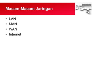 Macam-Macam Jaringan
• LAN
• MAN
• WAN
• Internet
 