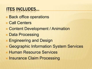 ITES includes…Back office operations Call Centers Content Development / Animation Data Processing Engineering and Design Geographic Information System Services Human Resource Services Insurance Claim Processing 