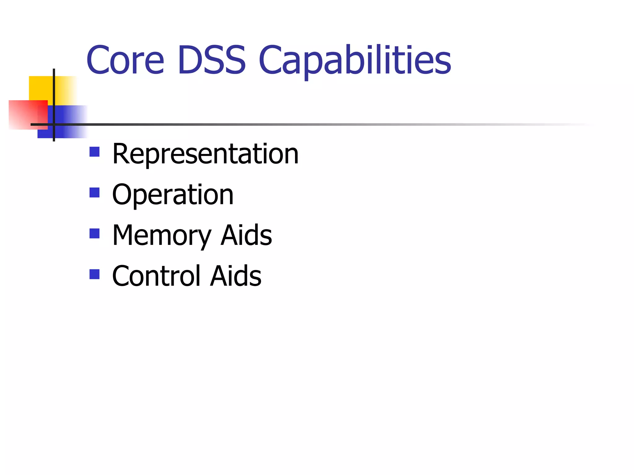 Core DSS Capabilities

   Representation
   Operation
   Memory Aids
   Control Aids
 