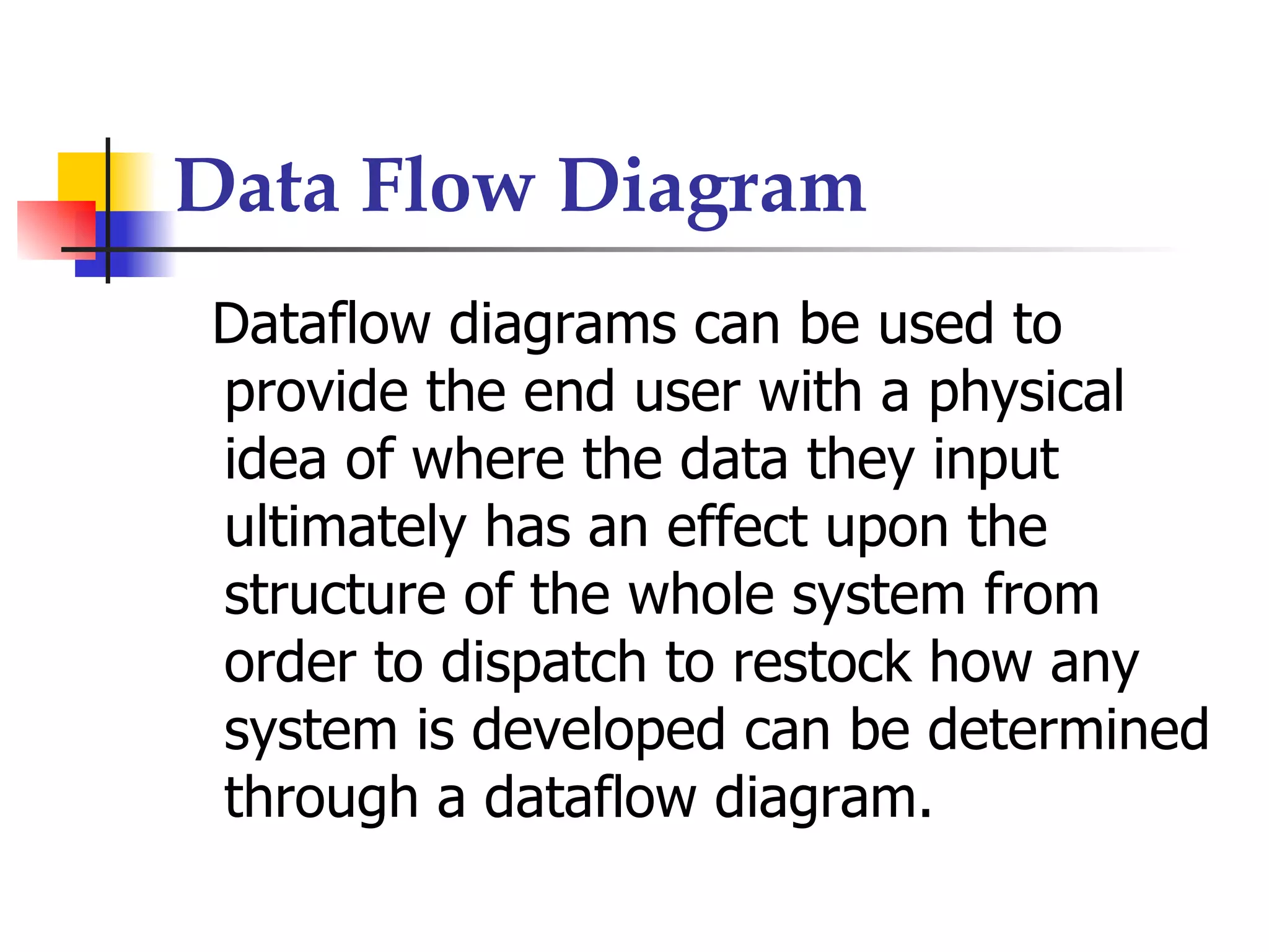 Data Flow Diagram
Dataflow diagrams can be used to
provide the end user with a physical
idea of where the data they input
ultimately has an effect upon the
structure of the whole system from
order to dispatch to restock how any
system is developed can be determined
through a dataflow diagram.
 