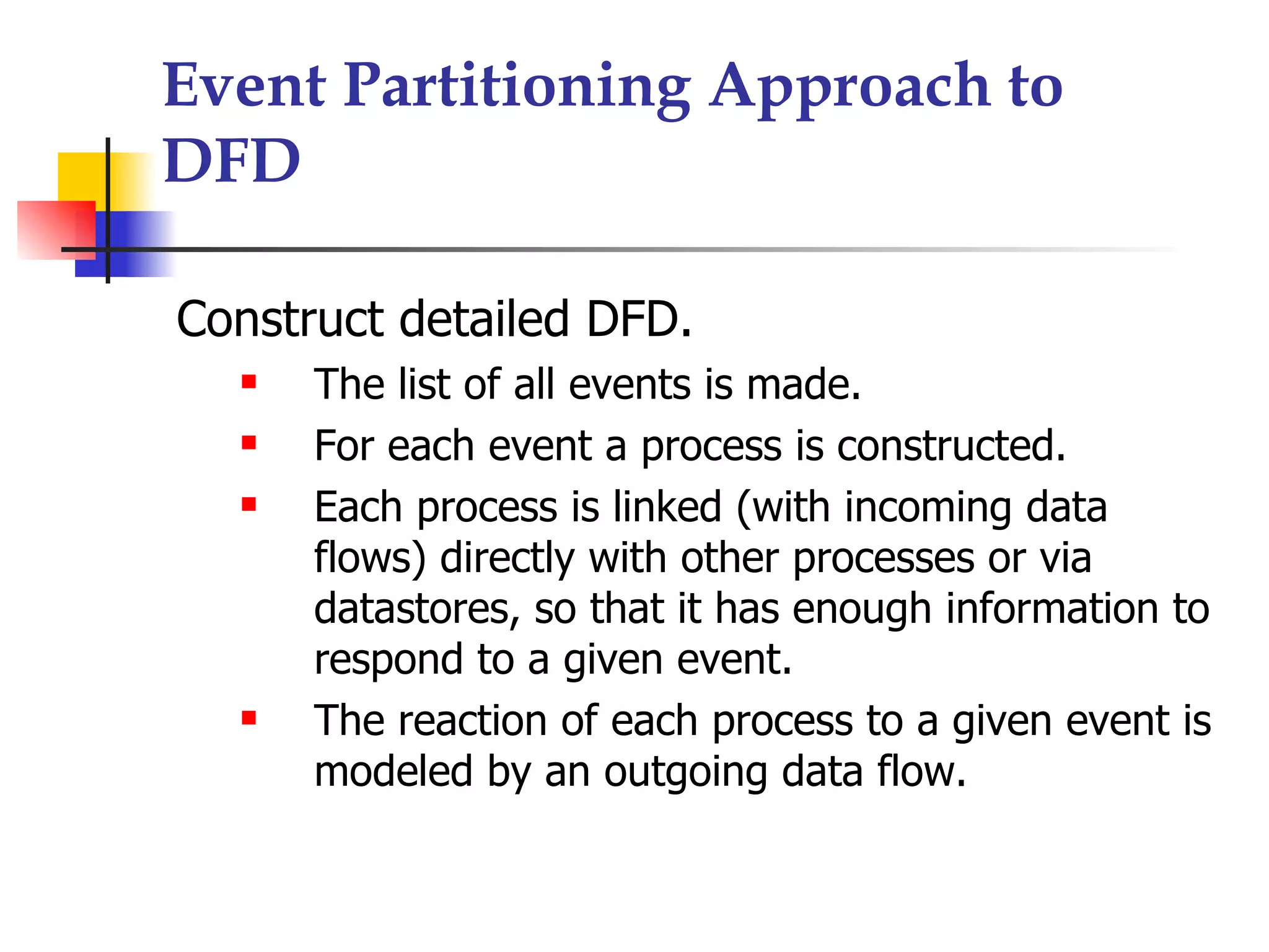 Event Partitioning Approach to
DFD

Construct detailed DFD.
     The list of all events is made.
     For each event a process is constructed.
     Each process is linked (with incoming data
      flows) directly with other processes or via
      datastores, so that it has enough information to
      respond to a given event.
     The reaction of each process to a given event is
      modeled by an outgoing data flow.
 