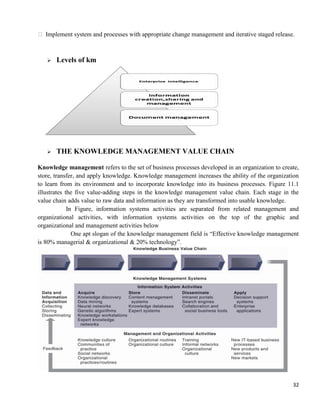 32
 Implement system and processes with appropriate change management and iterative staged release.
 Levels of km
 THE KNOWLEDGE MANAGEMENT VALUE CHAIN
Knowledge management refers to the set of business processes developed in an organization to create,
store, transfer, and apply knowledge. Knowledge management increases the ability of the organization
to learn from its environment and to incorporate knowledge into its business processes. Figure 11.1
illustrates the five value-adding steps in the knowledge management value chain. Each stage in the
value chain adds value to raw data and information as they are transformed into usable knowledge.
In Figure, information systems activities are separated from related management and
organizational activities, with information systems activities on the top of the graphic and
organizational and management activities below
One apt slogan of the knowledge management field is ―Effective knowledge management
is 80% managerial & organizational & 20% technology‖.
 