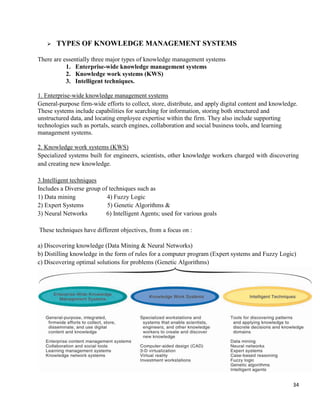 34
 TYPES OF KNOWLEDGE MANAGEMENT SYSTEMS
There are essentially three major types of knowledge management systems
1. Enterprise-wide knowledge management systems
2. Knowledge work systems (KWS)
3. Intelligent techniques.
1. Enterprise-wide knowledge management systems
General-purpose firm-wide efforts to collect, store, distribute, and apply digital content and knowledge.
These systems include capabilities for searching for information, storing both structured and
unstructured data, and locating employee expertise within the firm. They also include supporting
technologies such as portals, search engines, collaboration and social business tools, and learning
management systems.
2. Knowledge work systems (KWS)
Specialized systems built for engineers, scientists, other knowledge workers charged with discovering
and creating new knowledge.
3.Intelligent techniques
Includes a Diverse group of techniques such as
1) Data mining 4) Fuzzy Logic
2) Expert Systems 5) Genetic Algorithms &
3) Neural Networks 6) Intelligent Agents; used for various goals
These techniques have different objectives, from a focus on :
a) Discovering knowledge (Data Mining & Neural Networks)
b) Distilling knowledge in the form of rules for a computer program (Expert systems and Fuzzy Logic)
c) Discovering optimal solutions for problems (Genetic Algorithms)
 