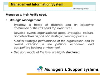 Amity School of Business

Managers & their Prolific need.
• Strategic Management
   – Typically, a board of directors and an                executive
     committee of the CEO and top executives.
   – Develop overall organizational goals, strategies, policies,
     and objectives as part of a strategic planning process.
   – Monitor strategic performance of the organization and its
     overall direction in the political, economic, and
     competitive business environment.
   – Decisions made at this level are highly structured.




                             Managers & Support Systems
 