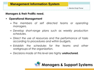 Amity School of Business

Managers & their Prolific need.
• Operational Management
   – The members of        self   directed teams or operating
     managers.
   – Develop short-range plans such as weekly production
     schedules.
   – Direct the use of resources and the performance of tasks
     according to procedures and within budgets.
   – Establish the schedules for the         teams    and     other
     workgroups of the organization.
   – Decisions made at this level are highly unstructured.



                             Managers & Support Systems
 