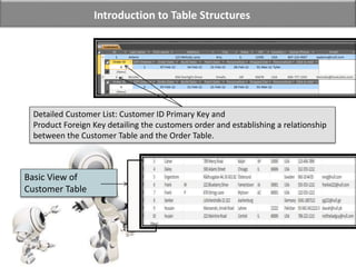 Introduction to Table Structures
Detailed Customer List: Customer ID Primary Key and
Product Foreign Key detailing the customers order and establishing a relationship
between the Customer Table and the Order Table.
Basic View of
Customer Table
 