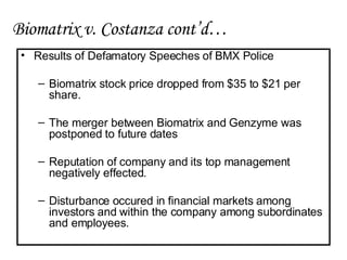 Results of Defamatory Speeches of BMX Police Biomatrix stock price dropped from $35 to $21 per share. The merger between Biomatrix and Genzyme was postponed to future dates Reputation of company and its top management negatively effected. Disturbance occured in financial markets among investors and within the company among subordinates and employees. Biomatrix v. Costanza cont’d… 
