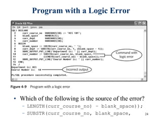 24
Program with a Logic Error
• Which of the following is the source of the error?
– LENGTH(curr_course_no) – blank_space));
– SUBSTR(curr_course_no, blank_space,
 