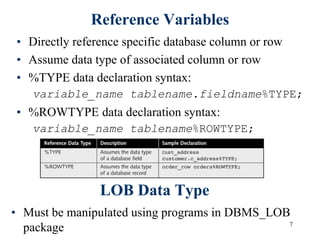 7
Reference Variables
• Directly reference specific database column or row
• Assume data type of associated column or row
• %TYPE data declaration syntax:
variable_name tablename.fieldname%TYPE;
• %ROWTYPE data declaration syntax:
variable_name tablename%ROWTYPE;
LOB Data Type
• Must be manipulated using programs in DBMS_LOB
package
 