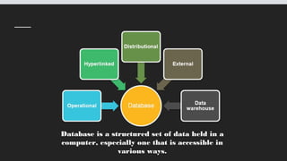 Database is a structured set of data held in a
computer, especially one that is accessible in
various ways.
 