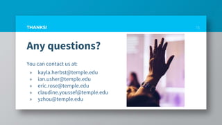 Any questions?
You can contact us at:
» kayla.herbst@temple.edu
» ian.usher@temple.edu
» eric.rose@temple.edu
» claudine.youssef@temple.edu
» yzhou@temple.edu
13THANKS!
 