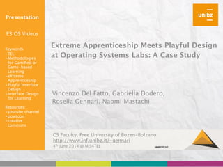 Extreme Apprenticeship Meets Playful Design
at Operating Systems Labs: A Case Study
!
!
Presentation
!
!
E3 OS Videos
!
!
Keywords
-TEL
-Methodologies
for Gamiﬁed or
Game-based
Learning
-eXtreme
Apprenticeship
-Playful Interface
Design
-Interface Design
for Learning
!
Resources:
-youtube channel
-powtoon
-creative
commons
Vincenzo Del Fatto, Gabriella Dodero,
Rosella Gennari, Naomi Mastachi
CS Faculty, Free University of Bozen-Bolzano
http://www.inf.unibz.it/~gennari
4th June 2014 @ MIS4TEL
 