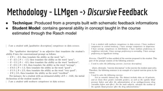 Methodology - LLMgen -> Discursive Feedback
● Technique: Produced from a prompts built with schematic feedback informations
● Student Model: contains general ability in concept taught in the course
estimated through the Rasch model
 