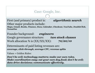 Case: Google, Inc.

First (and primary) product is:             algorithmic search
Other major products include:
Maps, Gmail, Books, Finance, Docs, Calendar, Checkout, YouTube, DoubleClick,
NexusOne

Founder background:     engineers
Google governance structure:   two stock classes
Work allocation % is (XX/XX/XX):    70/20/10
Determinants of paid listing revenues are:
coverage, click-through, average CPC, revenue splits

Values + Golden Rules:
Don’t be evil; technology matters; make our own rules.
Make coordination easy; eat your own dog food; don’t be evil;
data drive decisions; communicate effectively.
 