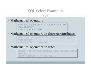 SQL Select Examples
  Mathematical operators
  Mathematical operators on character attributes
  Mathematical operators on dates
15
SELECT P_DESCRIPT, P_INDATE, P_PRICE, V_CODE
FROM PRODUCT
WHERE V_CODE <> 21344;
SELECT P_CODE,P_DESCRIPT,P_ONHAND,P_MIN,P_PRICE
FROM PRODUCT
WHERE P_CODE < ‘1558-QWI’;
SELECT P_DESCRIPT,P_ONHAND,P_MIN,P_PRICE,PINDATE
FROM PRODUCT
WHERE P_INDATE >= ‘01/20/2002’;
 