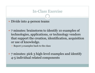 In-Class Exercise

  Divide into 4-person teams


  7 minutes: brainstorm to identify 10 examples of
 technologies, applications, or technology vendors
 that support the creation, identification, acquisition
 or use of knowledge.
    Report 3 examples back to the class



  7 minutes: pick 3 high-level examples and identify
 4-5 individual related components
 