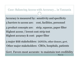 Case: Balancing Access with Accuracy... in Tanzania


Accuracy is measured by: sensitivity and specificity
3 barriers to access are: cost, facilities, personnel
3 product concepts are:    strip, squeeze, paper filter
Highest access / lowest cost: strip test
Highest accuracy & cost: paper filter

3 major $$$ stakeholders: IANGOs, other donors, govt.
Other major stakeholders: CBOs, hospitals, patients

Govt. Favors most accurate: to maintain test credibility
                                               Photo by
 