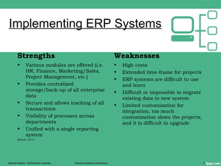 Implementing ERP Systems
Strengths
• Various modules are offered (i.e.
HR, Finance, Marketing/Sales,
Project Management, etc.)
• Provides centralized
storage/back-up of all enterprise
data
• Secure and allows tracking of all
transactions
• Visibility of processes across
departments
• Unified with a single reporting
system
(Rajesh, 2011)
Weaknesses
• High costs
• Extended time-frame for projects
• ERP systems are difficult to use
and learn
• Difficult or impossible to migrate
existing data to new system
• Limited customization for
integration, too much
customization slows the projects,
and it is difficult to upgrade
Deborah Adams - Northcentral University Enterprise Network Architecture 3
 