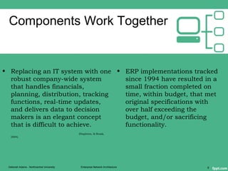 Components Work Together
• Replacing an IT system with one
robust company-wide system
that handles financials,
planning, distribution, tracking
functions, real-time updates,
and delivers data to decision
makers is an elegant concept
that is difficult to achieve.
(Stapleton, & Rezak,
2004).
• ERP implementations tracked
since 1994 have resulted in a
small fraction completed on
time, within budget, that met
original specifications with
over half exceeding the
budget, and/or sacrificing
functionality.
Deborah Adams - Northcentral University Enterprise Network Architecture 9
 