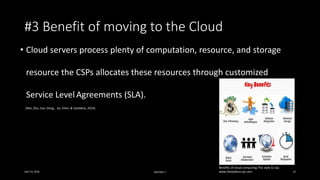 #3 Benefit of moving to the Cloud
• Cloud servers process plenty of computation, resource, and storage
resource the CSPs allocates these resources through customized
Service Level Agreements (SLA).
(Wei, Zhu, Cao, Dong, Jia, Chen, & Vasilakos, 2014).
April 24, 2016 MIS7005-7 10
Benefits of cloud computing-The style Co-op.
www.thestyleco-op.com
 