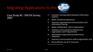 Migrating Applications to the
Case Study #2 : SIM EA Survey,
2007
1. Improves interoperability between information
systems;
2. Better situational awareness;
3. Improves organizational communications and
information sharing;
4. Better collaboration within organization;
5. Improves communications between the
organization and IT department;
6. Standardizes organizational performance
measures;
7. Improves communications within organization; and
8. More effective use of IT resources
(Tamm, Seddon, Shanks, & Reynolds, 2011)
April 24, 2016 MIS7005-7 7
www.computerweekly.com
 