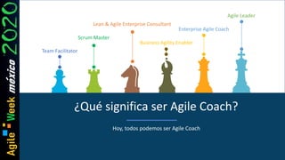 ¿Qué significa ser Agile Coach?
Team Facilitator
Scrum Master
Enterprise Agile Coach
Business Agility Enabler
Lean & Agile Enterprise Consultant
Agile Leader
Hoy, todos podemos ser Agile Coach
 