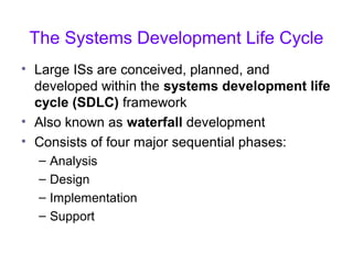 The Systems Development Life Cycle
• Large ISs are conceived, planned, and
developed within the systems development life
cycle (SDLC) framework
• Also known as waterfall development
• Consists of four major sequential phases:
– Analysis
– Design
– Implementation
– Support
 