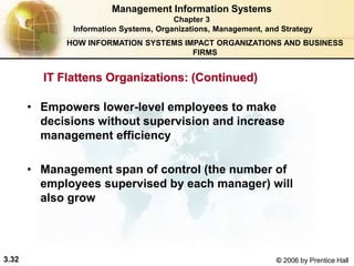 3.32 © 2006 by Prentice Hall
Management Information Systems
Chapter 3
Information Systems, Organizations, Management, and Strategy
• Empowers lower-level employees to make
decisions without supervision and increase
management efficiency
• Management span of control (the number of
employees supervised by each manager) will
also grow
HOW INFORMATION SYSTEMS IMPACT ORGANIZATIONS AND BUSINESS
FIRMS
IT Flattens Organizations: (Continued)
 