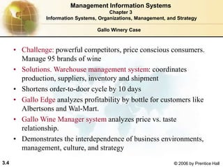 3.4 © 2006 by Prentice Hall
• Challenge: powerful competitors, price conscious consumers.
Manage 95 brands of wine
• Solutions. Warehouse management system: coordinates
production, suppliers, inventory and shipment
• Shortens order-to-door cycle by 10 days
• Gallo Edge analyzes profitability by bottle for customers like
Albertsons and Wal-Mart.
• Gallo Wine Manager system analyzes price vs. taste
relationship.
• Demonstrates the interdependence of business environments,
management, culture, and strategy
Management Information Systems
Chapter 3
Information Systems, Organizations, Management, and Strategy
Gallo Winery Case
 