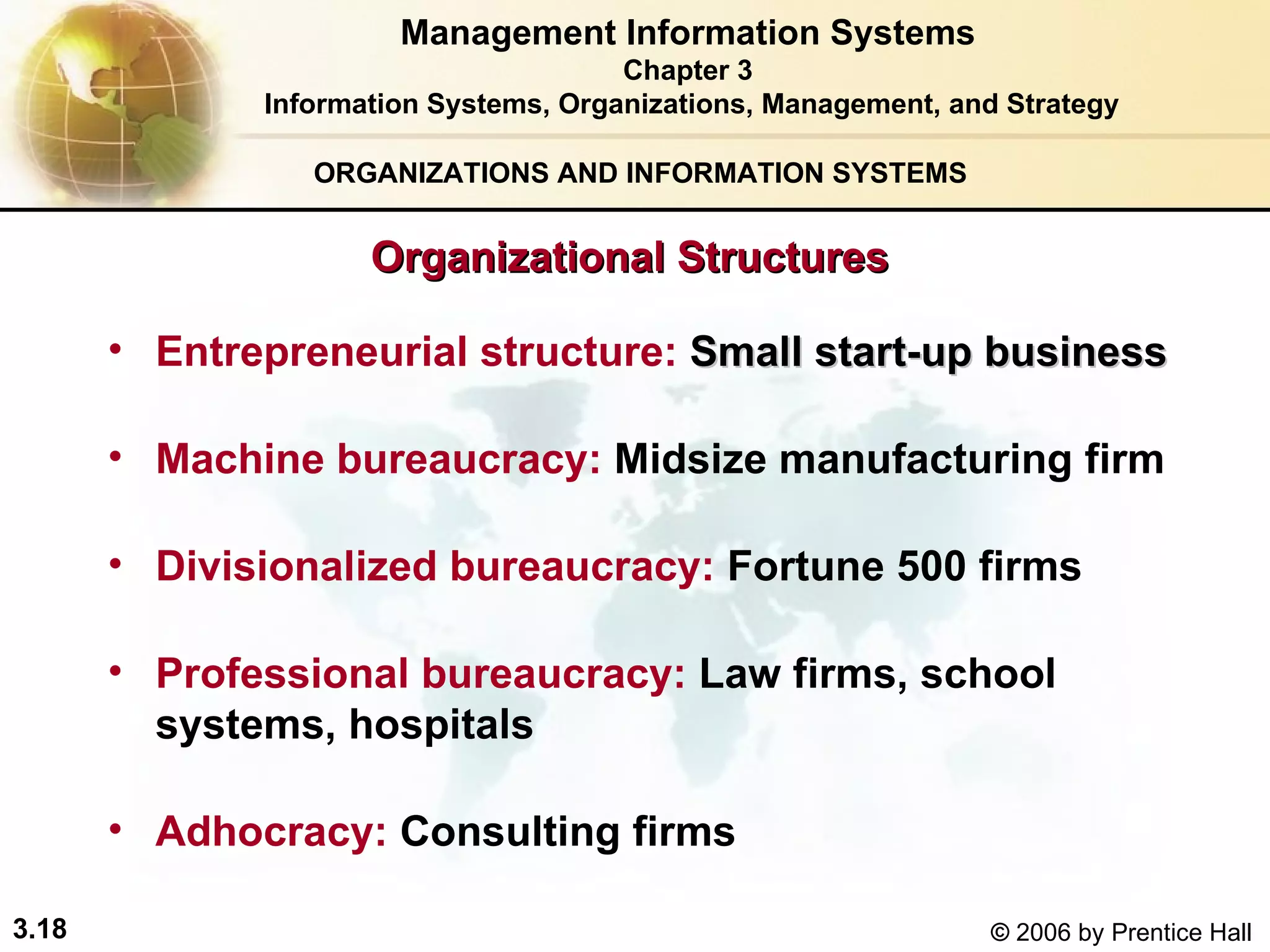 ORGANIZATIONS AND INFORMATION SYSTEMS Entrepreneurial structure:  Small start-up business Machine bureaucracy:  Midsize manufacturing firm Divisionalized bureaucracy:  Fortune 500 firms Professional bureaucracy:  Law firms, school systems, hospitals Adhocracy:  Consulting firms Management Information Systems Chapter 3 Information Systems, Organizations, Management, and Strategy Organizational Structures 
