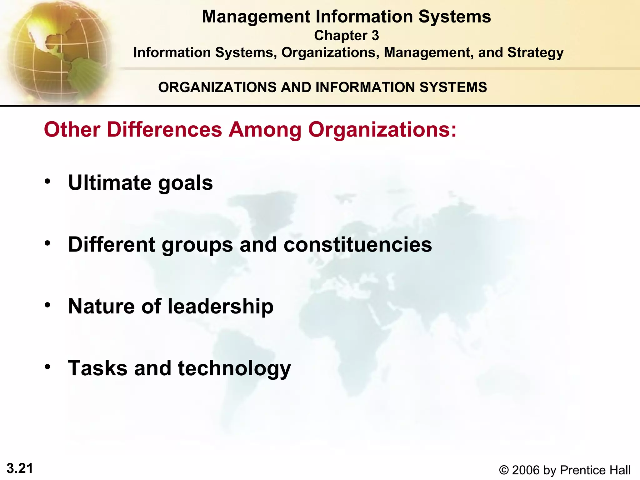 ORGANIZATIONS AND INFORMATION SYSTEMS Ultimate goals Different groups and constituencies Nature of leadership Tasks and technology Management Information Systems Chapter 3 Information Systems, Organizations, Management, and Strategy Other Differences Among Organizations: 