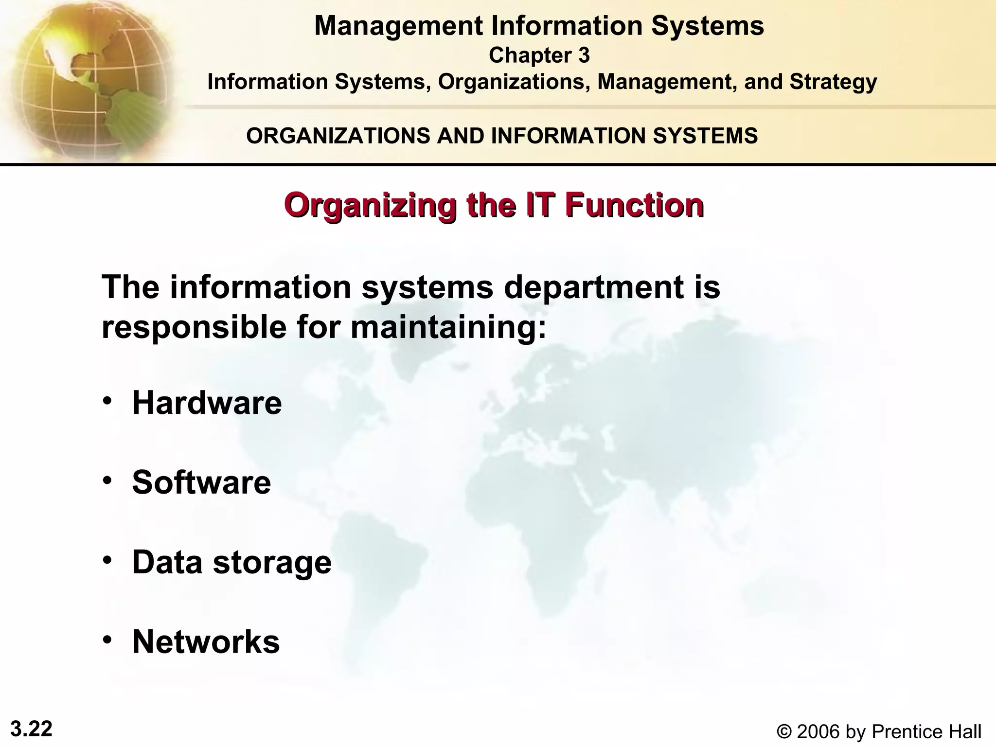 ORGANIZATIONS AND INFORMATION SYSTEMS Organizing the IT Function Hardware Software   Data storage Networks The information systems department is responsible for maintaining:  Management Information Systems Chapter 3 Information Systems, Organizations, Management, and Strategy 