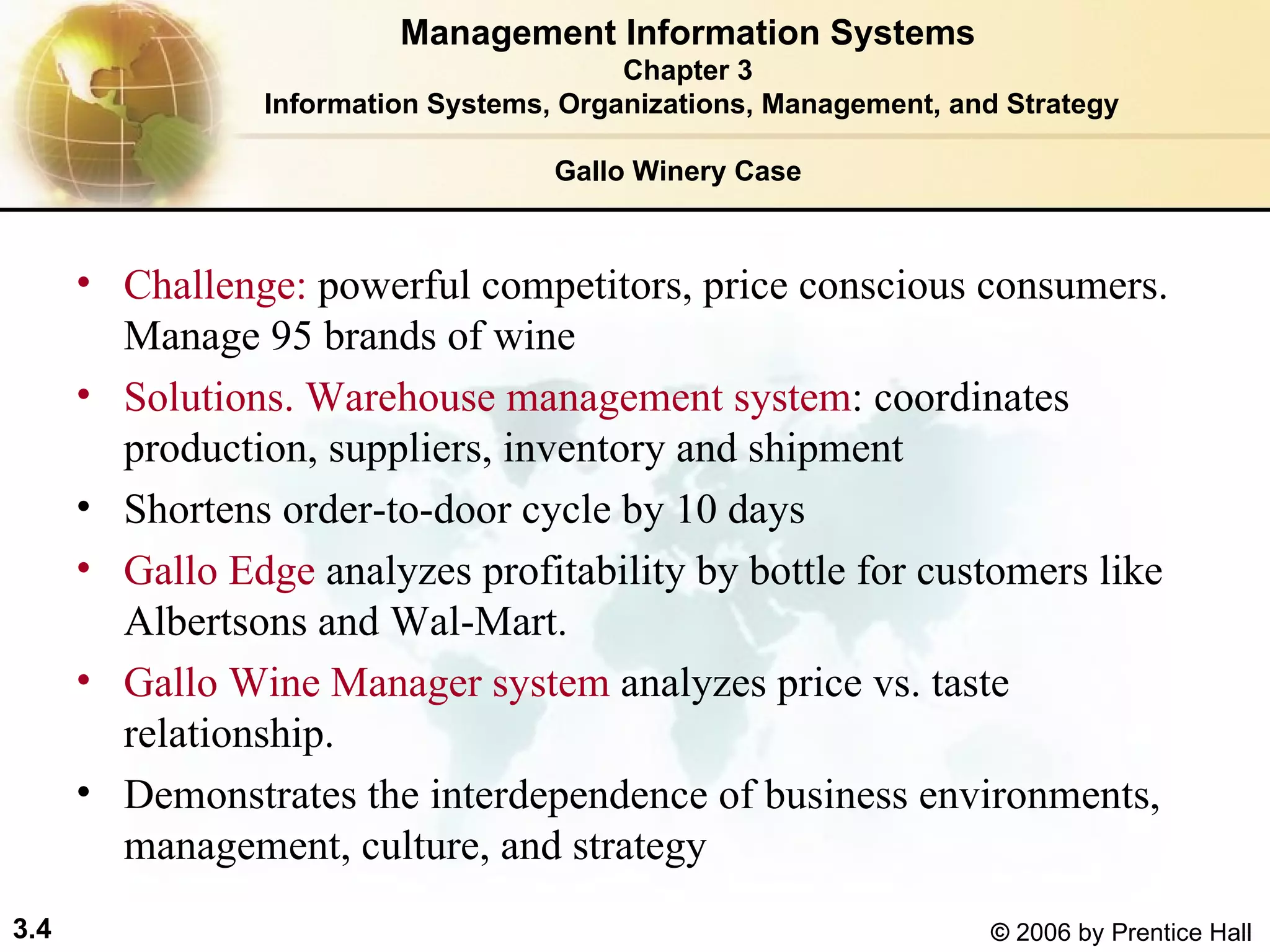 Challenge:  powerful competitors, price conscious consumers.  Manage 95 brands of wine Solutions. Warehouse management system : coordinates production, suppliers, inventory and shipment Shortens order-to-door cycle by 10 days Gallo Edge  analyzes profitability by bottle for customers like Albertsons and Wal-Mart. Gallo Wine Manager system  analyzes price vs. taste relationship. Demonstrates the interdependence of business environments, management, culture, and strategy Management Information Systems Chapter 3 Information Systems, Organizations, Management, and Strategy Gallo Winery Case 