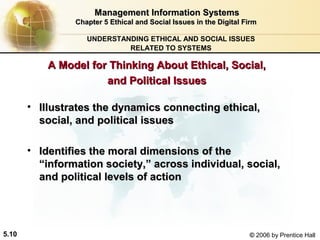 Management Information Systems
Chapter 5 Ethical and Social Issues in the Digital Firm
UNDERSTANDING ETHICAL AND SOCIAL ISSUES
RELATED TO SYSTEMS

A Model for Thinking About Ethical, Social,
and Political Issues
• Illustrates the dynamics connecting ethical,
social, and political issues
• Identifies the moral dimensions of the
“information society,” across individual, social,
and political levels of action

5.10

© 2006 by Prentice Hall

 