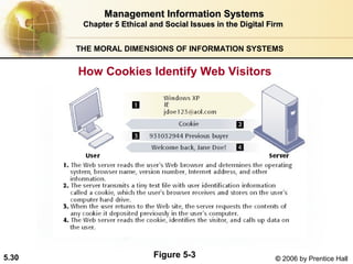 Management Information Systems
Chapter 5 Ethical and Social Issues in the Digital Firm
THE MORAL DIMENSIONS OF INFORMATION SYSTEMS

How Cookies Identify Web Visitors

5.30

Figure 5-3

© 2006 by Prentice Hall

 