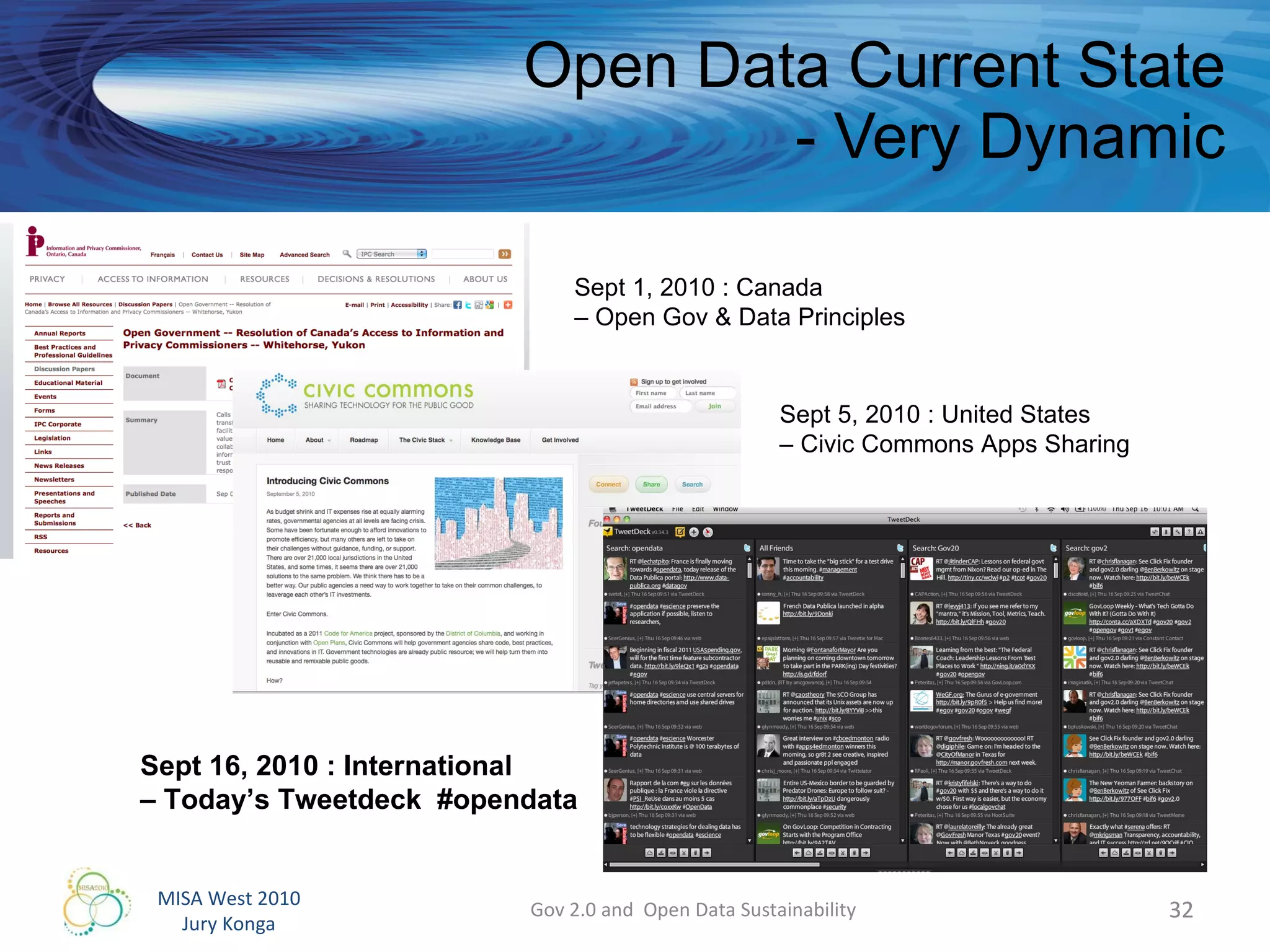 Open Data Current State - Very Dynamic Gov 2.0 and  Open Data Sustainability Sept 1, 2010 : Canada –  Open Gov & Data Principles Sept 5, 2010 : United States  –  Civic Commons Apps Sharing Sept 16, 2010 : International  –  Today’s Tweetdeck  #opendata 