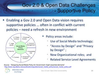 Enabling a Gov 2.0 and Open Data vision requires supportive policies … often in conflict with current policies – need a refresh in new environment Gov 2.0 & Open Data Challenges - Supportive Policy Gov 2.0 and  Open Data Sustainability Policy areas include: Use of Social Media technology; “ Access by Design” and “Privacy by Design” ; New Organizational roles;  and Related Service Level Agreements Source:  “Designing Social Media Policy for Government: Eight essential elements” http://www.ctg.albany.edu/publications/guides/social_media_policy/social_media_policy.pdf   