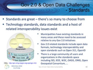 Standards are great – there’s so many to choose from Technology standards, data standards and a host of related interoperability issues exist Gov 2.0 & Open Data Challenges - Standards Gov 2.0 and  Open Data Sustainability Municipalities have existing standards in many areas and these need to be assessed relative to any Gov 2.0 initiatives  Gov 2.0 related standards include open data formats, technology interoperability and open standards such as Open 311, OpenID There is a large community of users and organizations in the standards space including ISO, IEEE, W3C, OASIS, OMG, Open Geospatial Consortium, … OMG  http://gov.omg.org/gov-wg-opengov.htm   