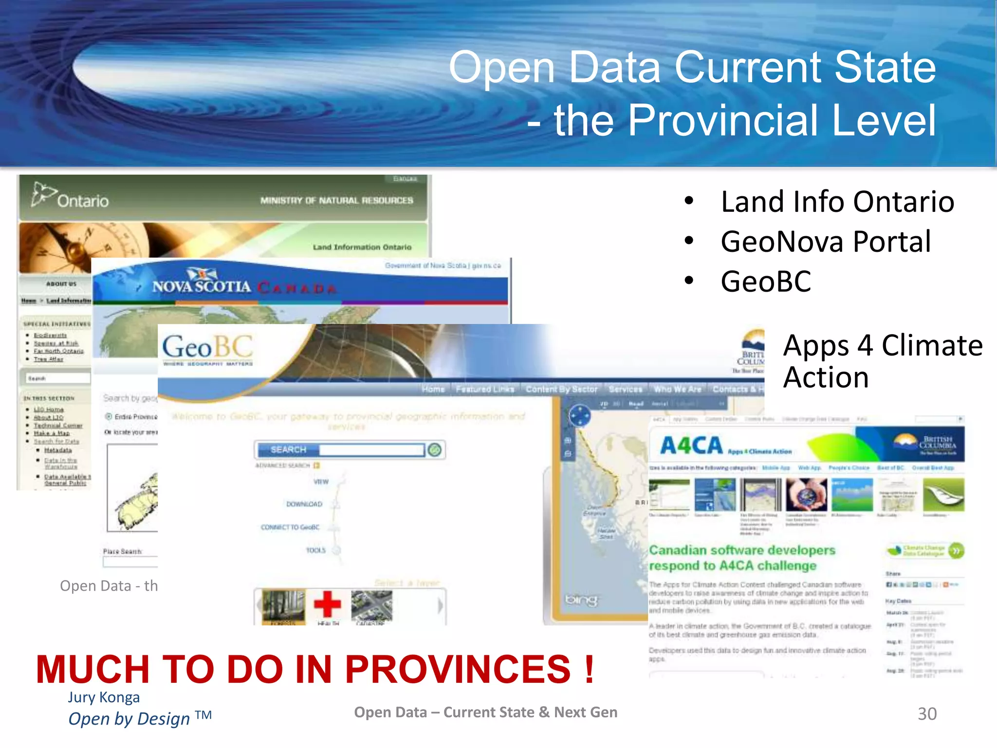 CrowdsourcingChangeCamps, CityCamps, GovCamps …Pull -> Push -> DialogueEffective communications and citizen engagement requires … ongoing resourcesCitizen Engagement- additional Perspectives17Open Data – Current State & Next Gen