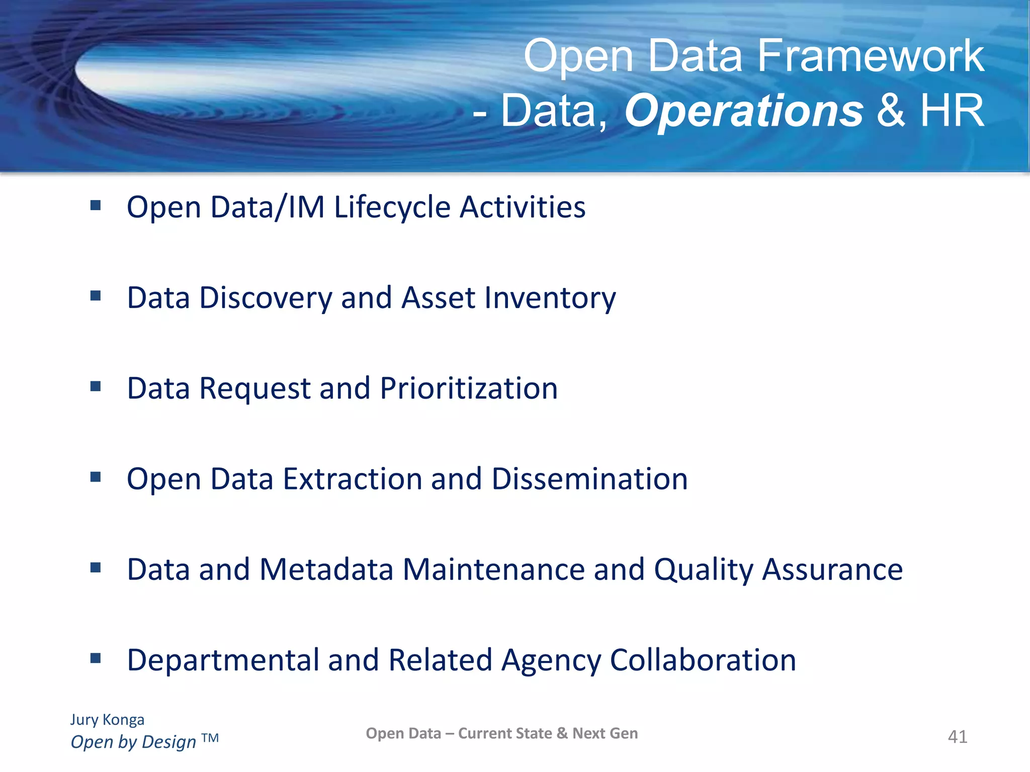 Institute for Citizen Centred ServiceReport on Innovation in Municipal Service Delivery (2010)Need a focal point for InnovationCentre Of Excellence for Innovation in Municipal Government (proposed in 2009 presentation http://www.slideshare.net/jkonga/web-20-from-a-social-to-a-service-web )Apps Development contests and hackathons, leveraging social media technologies, cloud computing (IaaS, SaaS, DaaS …)Innovation- Current State 23Open Data – Current State & Next Gen