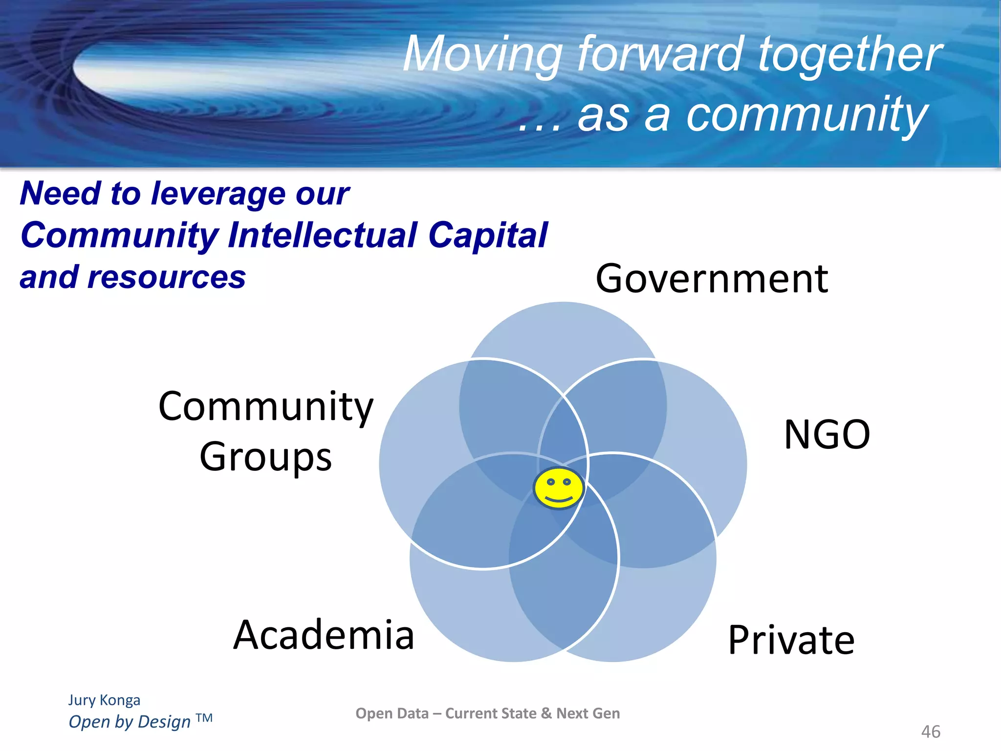 Open Data- Current State10 Principles for Opening Up Government Informationhttp://sunlightfoundation.com/policy/documents/ten-open-data-principles/