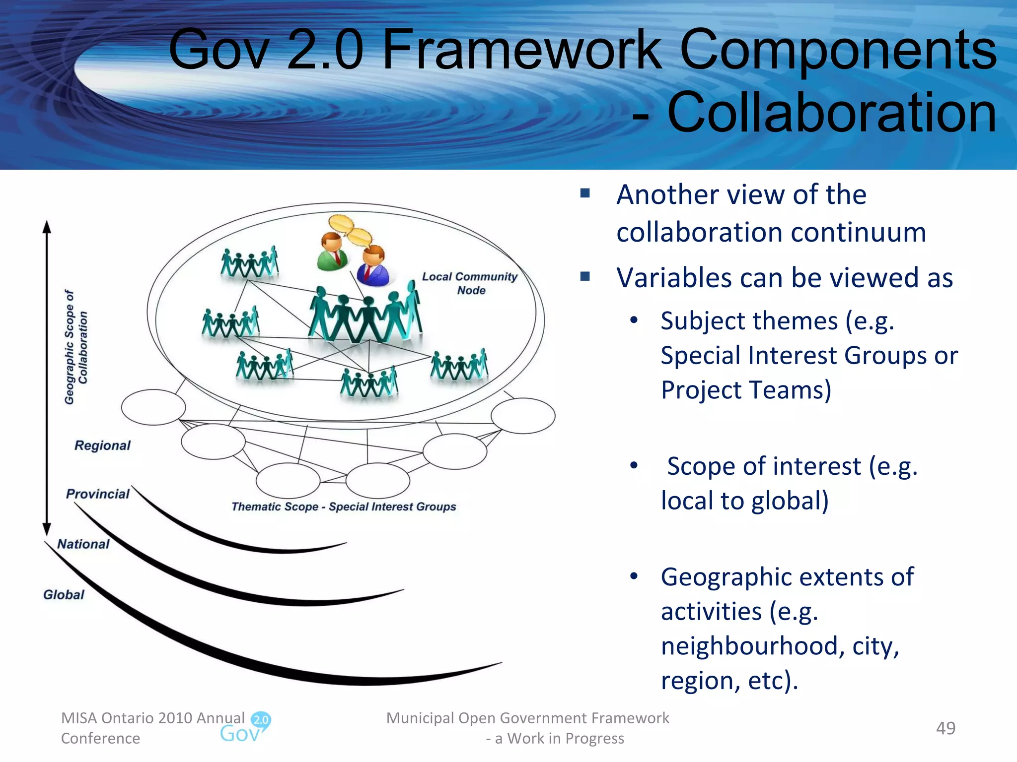 Gov 2.0 Framework Components - Collaboration Another view of the collaboration continuum Variables can be viewed as  Subject themes (e.g. Special Interest Groups or Project Teams) Scope of interest (e.g. local to global) Geographic extents of activities (e.g. neighbourhood, city, region, etc).  MISA Ontario 2010 Annual Conference Municipal Open Government Framework  - a Work in Progress 