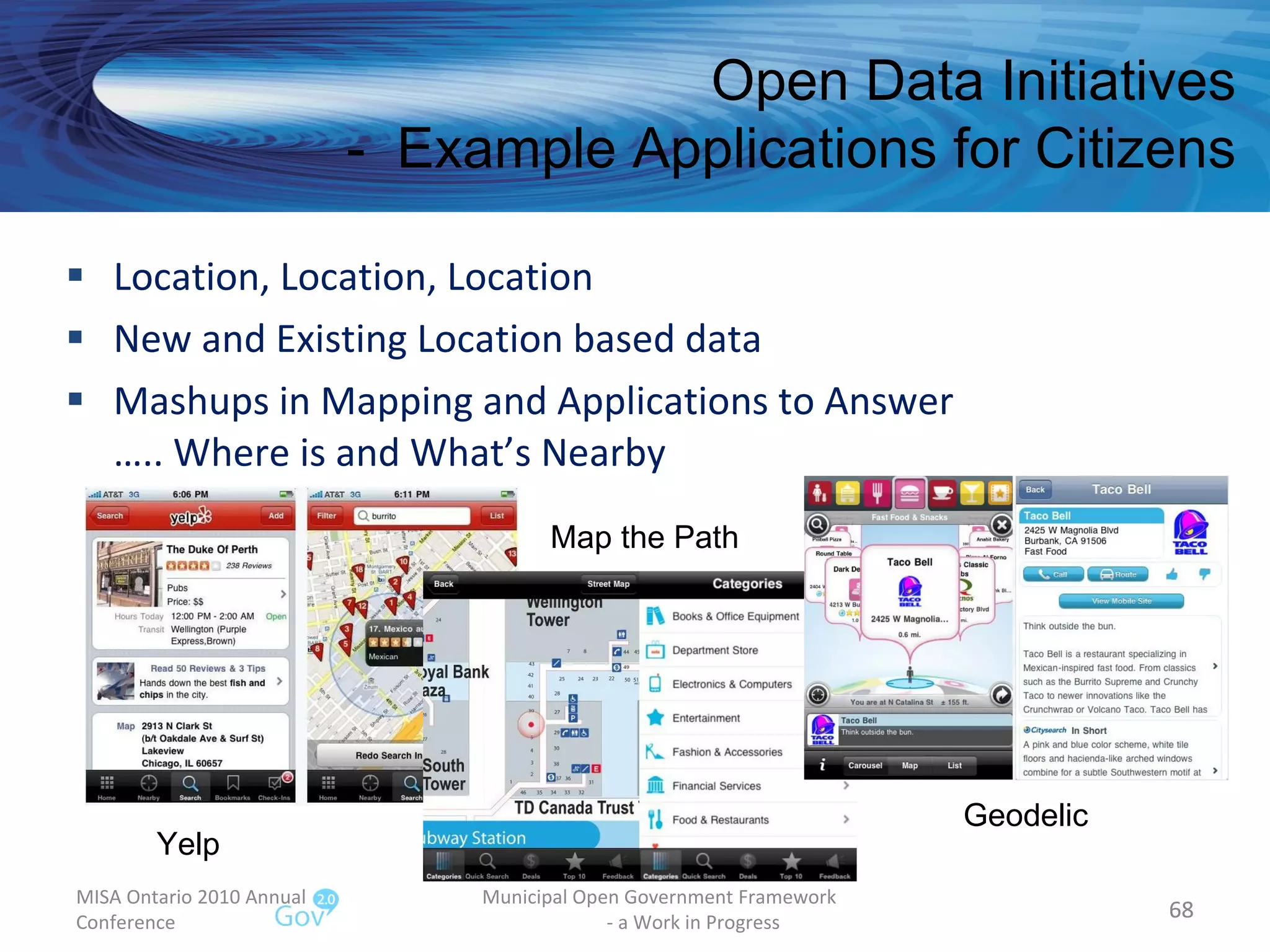 Location, Location, Location New and Existing Location based data Mashups in Mapping and Applications to Answer  ….. Where is and What’s Nearby MISA Ontario 2010 Annual Conference Municipal Open Government Framework  - a Work in Progress Open Data Initiatives -  Example Applications for Citizens Yelp Map the Path Geodelic 