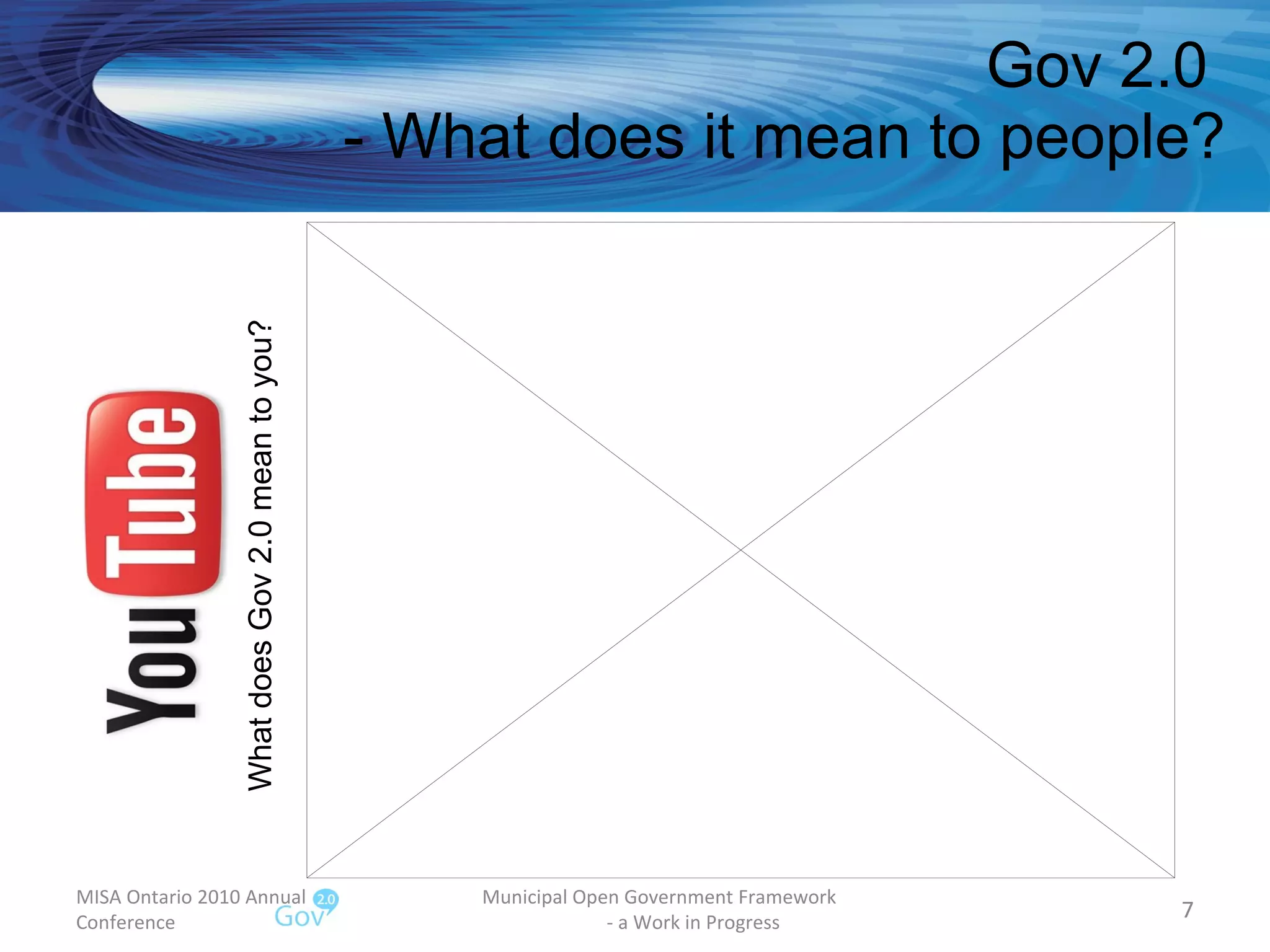 Gov 2.0  - What does it mean to people? MISA Ontario 2010 Annual Conference Municipal Open Government Framework  - a Work in Progress What does Gov 2.0 mean to you? 