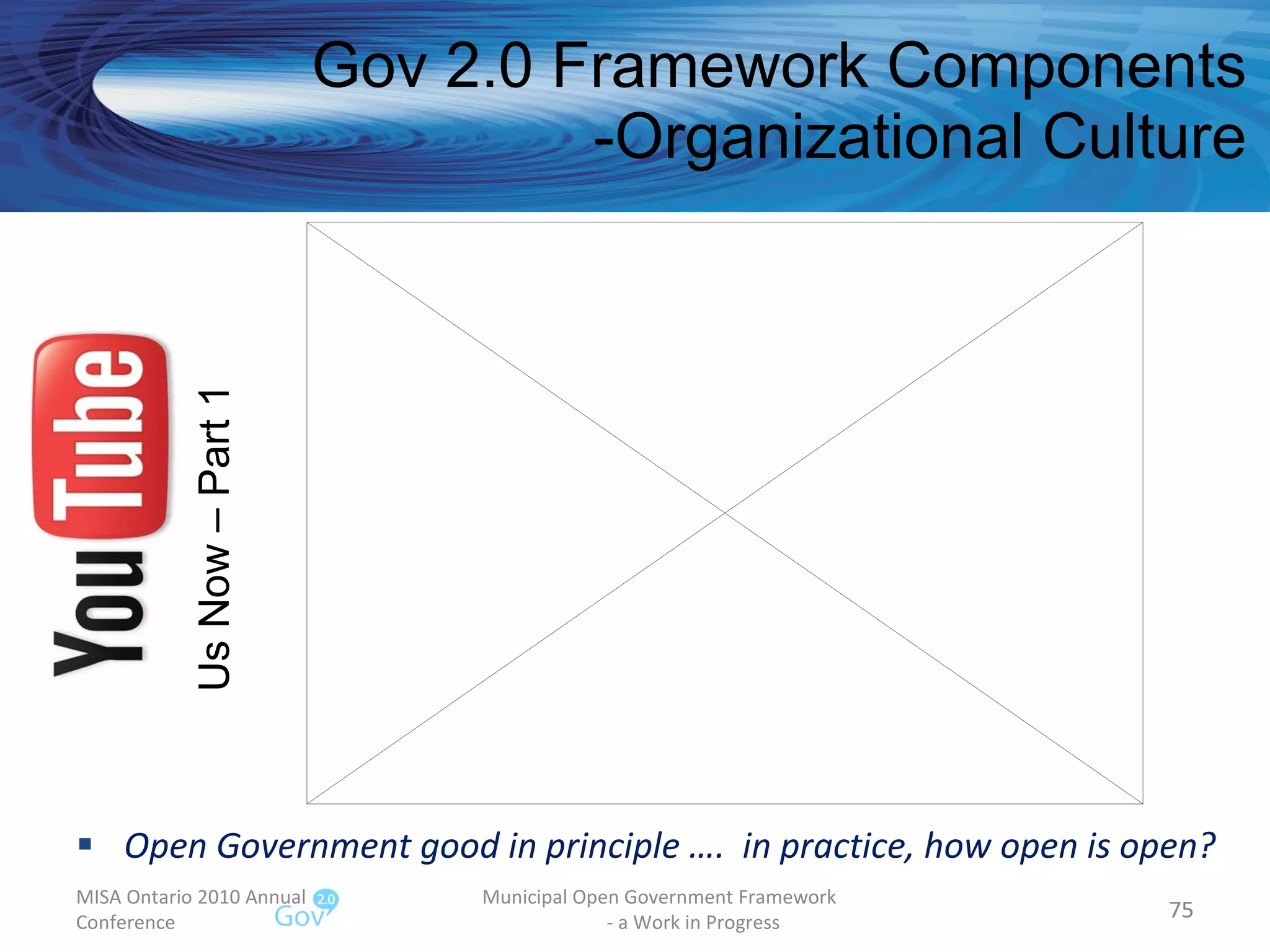 Gov 2.0 Framework Components -Organizational Culture Open Government good in principle ….  in practice, how open is open? MISA Ontario 2010 Annual Conference Municipal Open Government Framework  - a Work in Progress Us Now – Part 1 