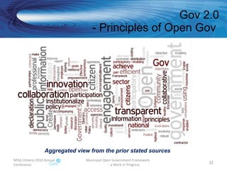 Gov 2.0 - Principles of Open Gov  MISA Ontario 2010 Annual Conference Municipal Open Government Framework  - a Work in Progress Aggregated view from the prior stated sources 